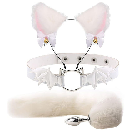 Animal Cosplay Costume Furry Fox Tail Plug Cute Ears Headband Bat Style Neck Collar Set