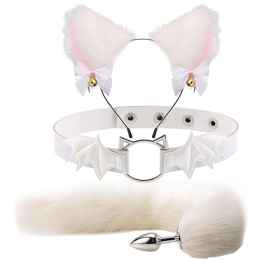 Animal Cosplay Costume Furry Fox Tail Plug Cute Ears Headband Bat Style Neck Collar Set