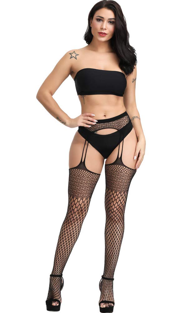High Waist Fishnet Tights Suspenders Pantyhose Thigh High Stockings Black