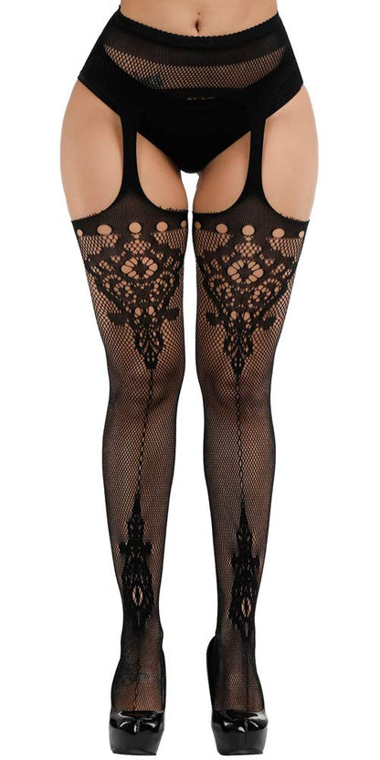 High Waist Fishnet Tights Suspenders Pantyhose Thigh High Stockings Black