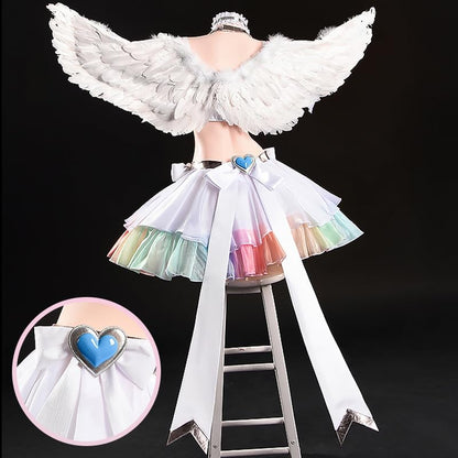 Angel Cosplay Anime Costumes White Top Skirt Outfit with Heart Accessories for Halloween Party
