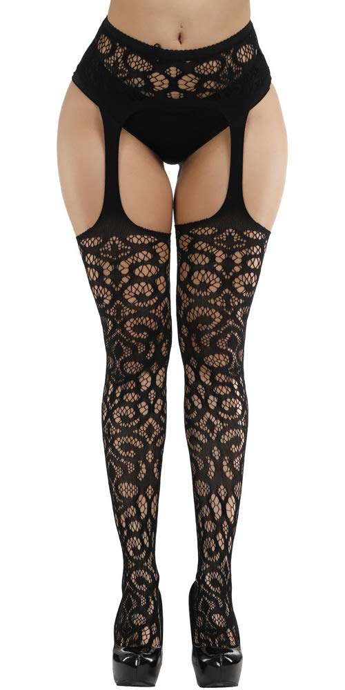 High Waist Fishnet Tights Suspenders Pantyhose Thigh High Stockings Black