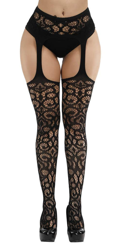 High Waist Fishnet Tights Suspenders Pantyhose Thigh High Stockings Black