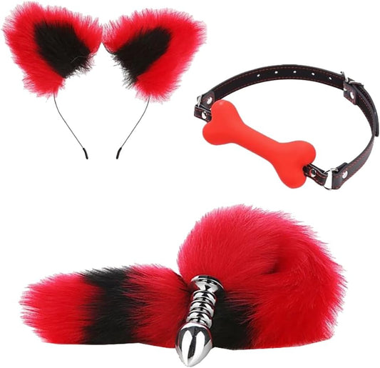 3 Pcs Stainless Steel Anal Butt Plug Adult Toys Set, Set Toys Furry Fox Tail Anal Plug Ears Headband Gag Ball, Flirting SM Adult Couple Games Toys (Red B)