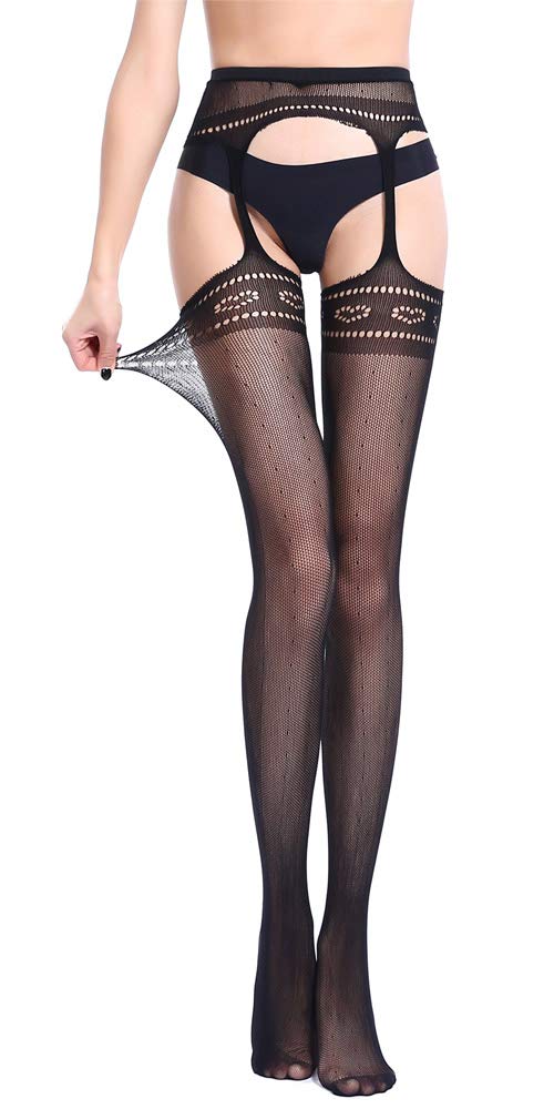 High Waist Fishnet Tights Suspenders Pantyhose Thigh High Stockings Black