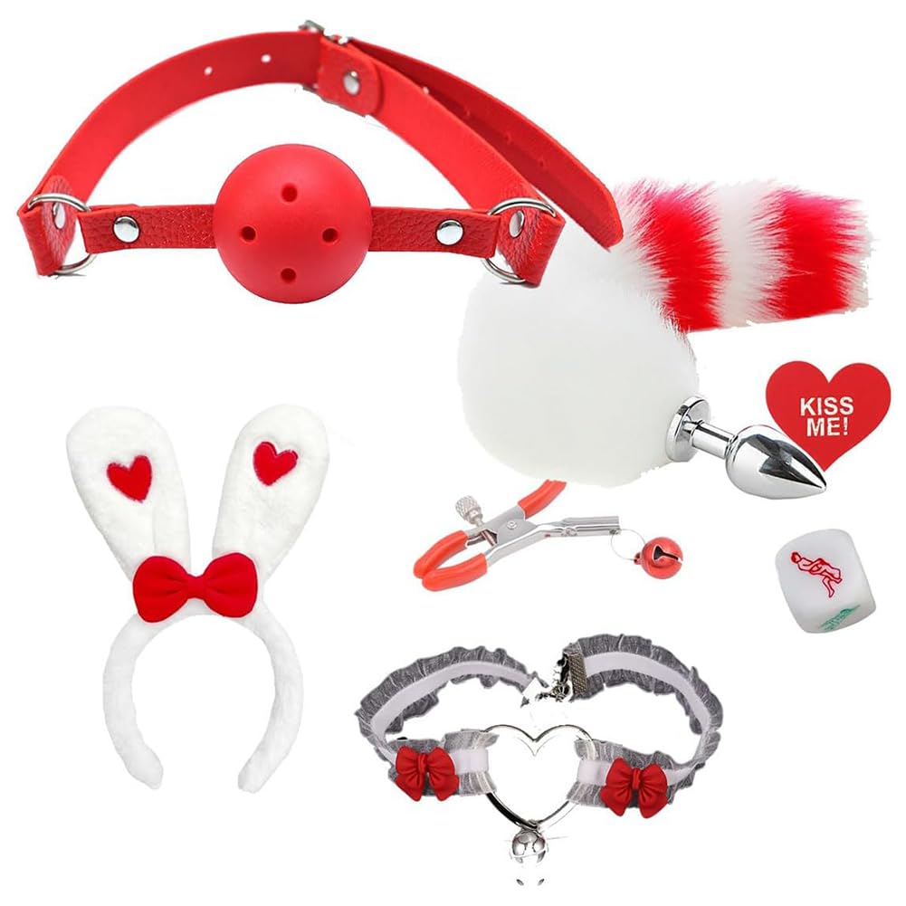 Faux Fur Fox Costume Animal Pink Short Tail Set Butt Plugs Necklace Choker Sex Dice Nipple Clamp Body Jewelry Furry Ear Headband