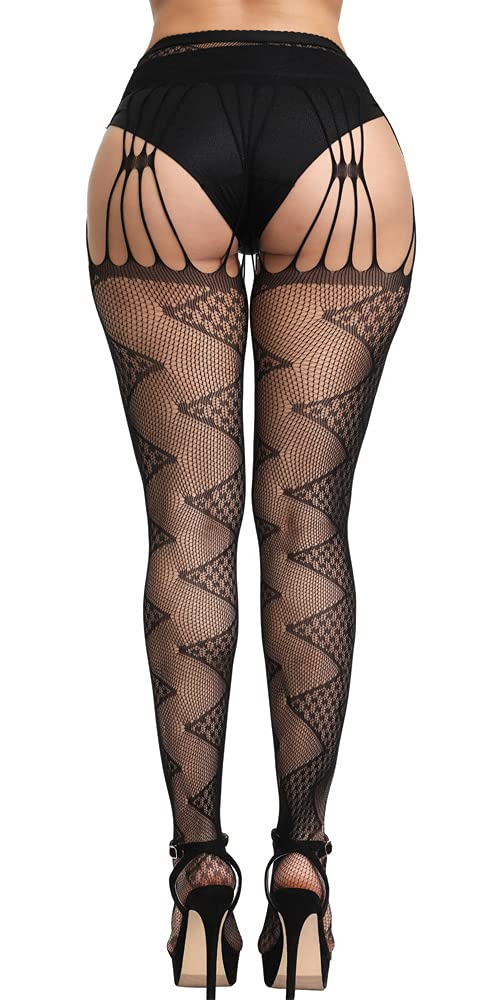 High Waist Fishnet Tights Suspenders Pantyhose Thigh High Stockings Black