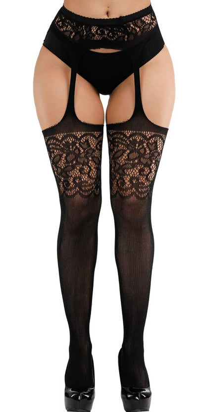 High Waist Fishnet Tights Suspenders Pantyhose Thigh High Stockings Black