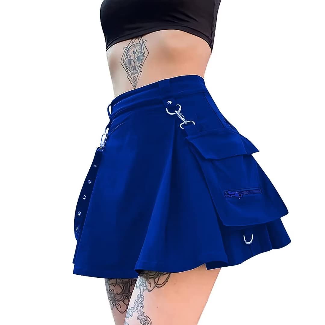 Ruolai Goth Black Pleated Mini Skirt with Chain High Waisted Tennis Skirt