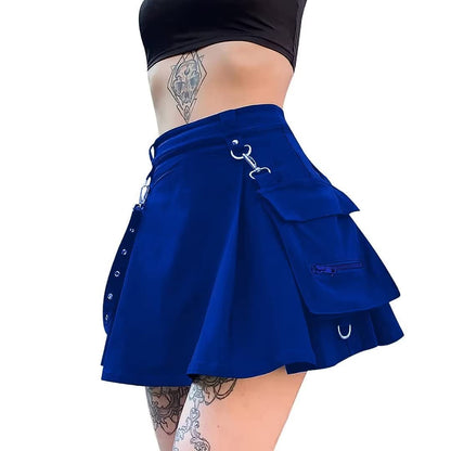 Ruolai Goth Black Pleated Mini Skirt with Chain High Waisted Tennis Skirt
