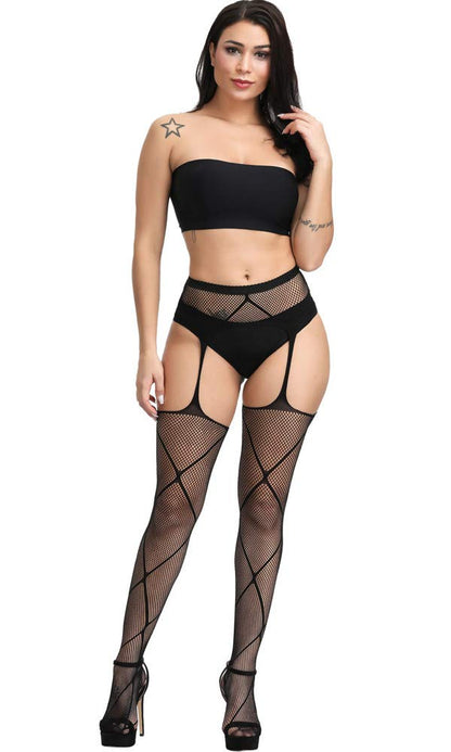 High Waist Fishnet Tights Suspenders Pantyhose Thigh High Stockings Black