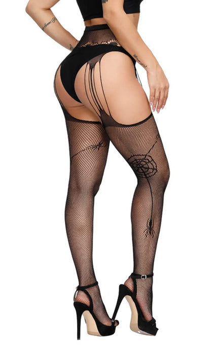 High Waist Fishnet Tights Suspenders Pantyhose Thigh High Stockings Black