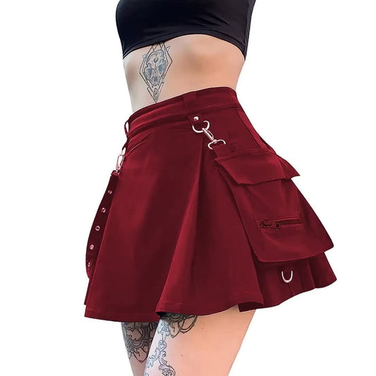 Ruolai Goth Black Pleated Mini Skirt with Chain High Waisted Tennis Skirt