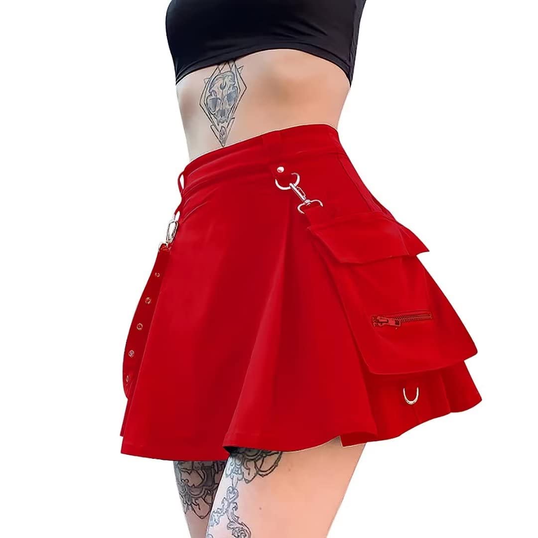 Ruolai Goth Black Pleated Mini Skirt with Chain High Waisted Tennis Skirt