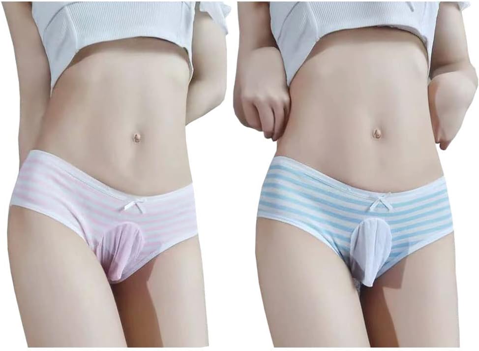Striped Cotton Pouch Panties Underwear Pack of 2 | Cute Japanese Style Striped Bikini Panties with Soft Cotton, Pouch Design and Sissy Femboy Style for Cosplay and Daily Wear