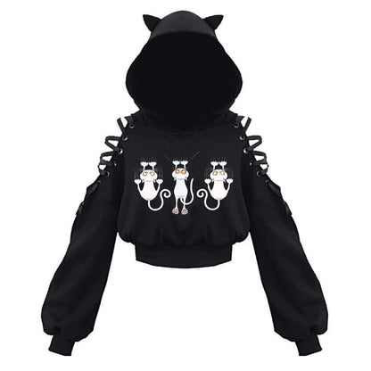 Cat Ear Hoodie Pullover Long Sleeve Off Shoulder Cute Crop Top Hoodies Sweatshirt