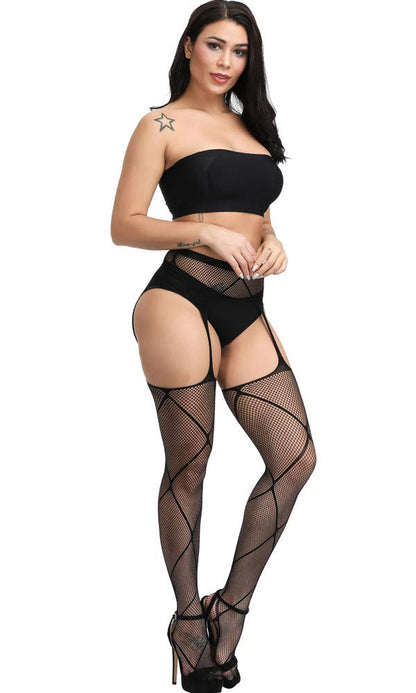 High Waist Fishnet Tights Suspenders Pantyhose Thigh High Stockings Black