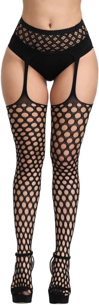 High Waist Fishnet Tights Suspenders Pantyhose Thigh High Stockings Black