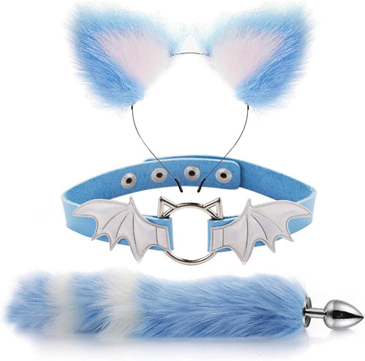 Animal Cosplay Costume Furry Fox Tail Plug Cute Ears Headband Bat Style Neck Collar Set