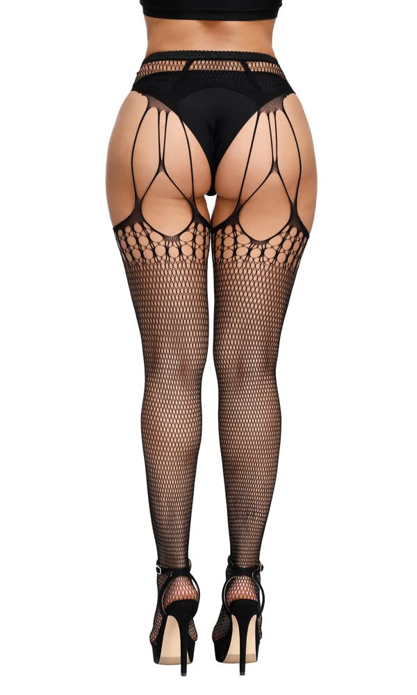 High Waist Fishnet Tights Suspenders Pantyhose Thigh High Stockings Black