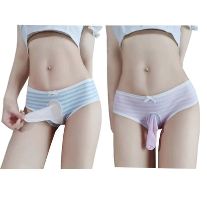 Striped Cotton Pouch Panties Underwear Pack of 2 | Cute Japanese Style Striped Bikini Panties with Soft Cotton, Pouch Design and Sissy Femboy Style for Cosplay and Daily Wear