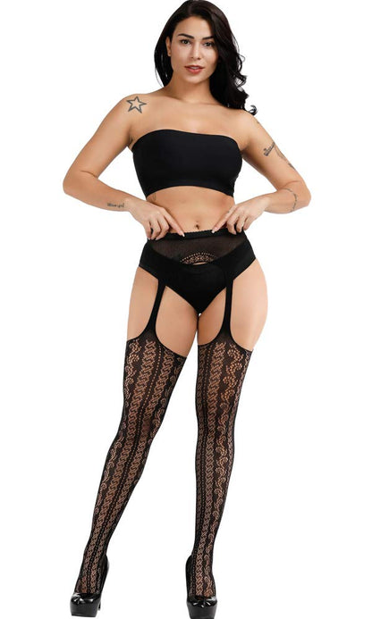 High Waist Fishnet Tights Suspenders Pantyhose Thigh High Stockings Black