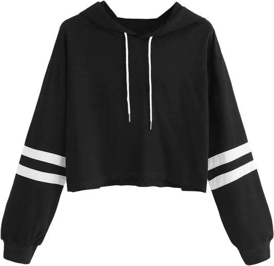 SweatyRocks Femboy Clothes Color Block Long Sleeve Crop Top Hoodie | Femboy Crop Top, Fall Outfits, Striped Sleeve Cropped Hoodies, Pullover Crop Sweatshirt with Hood