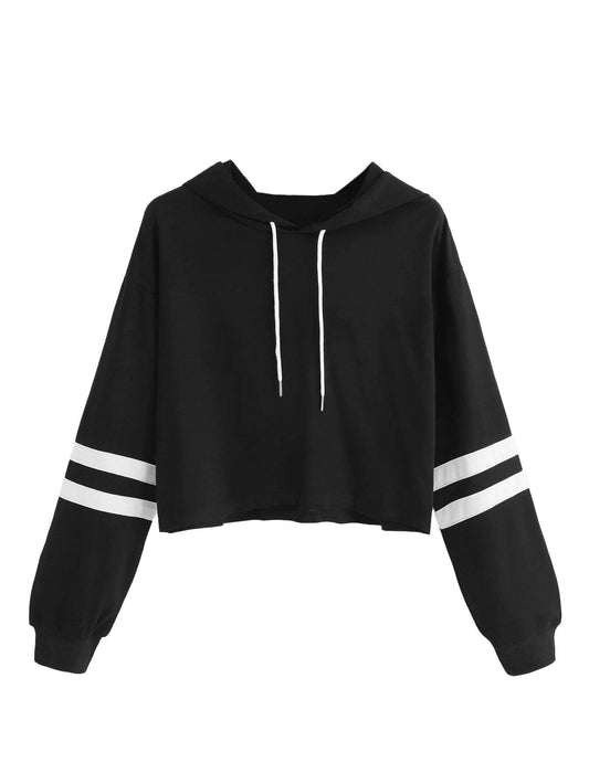 SweatyRocks Femboy Clothes Color Block Long Sleeve Crop Top Hoodie | Femboy Crop Top, Fall Outfits, Striped Sleeve Cropped Hoodies, Pullover Crop Sweatshirt with Hood