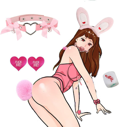 Faux Fur Fox Costume Animal Pink Short Tail Set Butt Plugs Necklace Choker Sex Dice Nipple Clamp Body Jewelry Furry Ear Headband