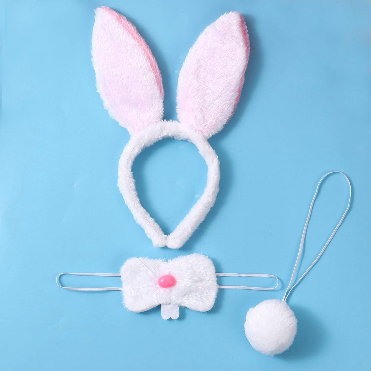 JEATHA Bunny Rabbit Plush Ears Hair Hoop Nose Cover and Rabbit Fur Tail Ball Anal Plug Cosplay Costume Props