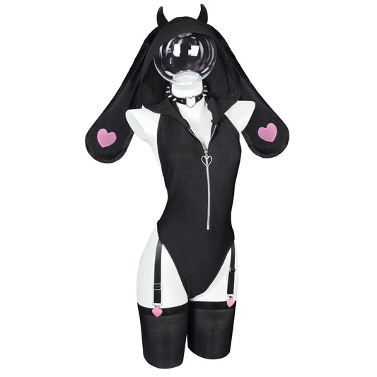 Demon Bunny Cosplay Lingerie Striped Bodysuit | Bunny Lingerie, Exotic Costumes, Demon Bunny, Jail Costume, Striped Costume, Halloween Costume, Festival Outfit