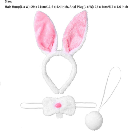 JEATHA Bunny Rabbit Plush Ears Hair Hoop Nose Cover and Rabbit Fur Tail Ball Anal Plug Cosplay Costume Props