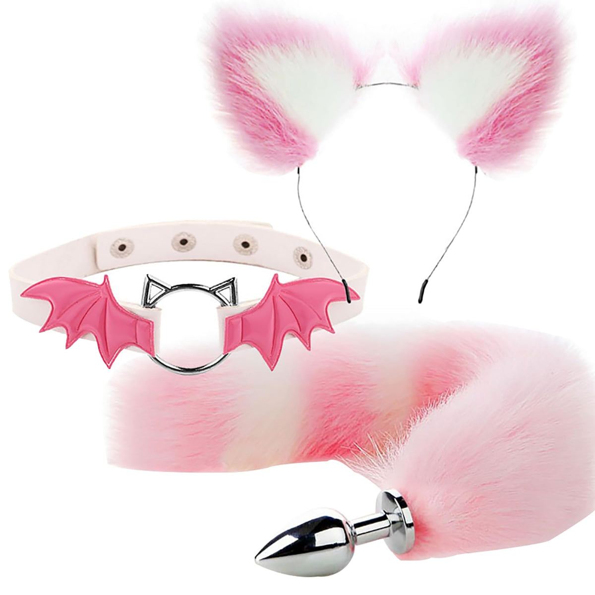 Animal Cosplay Costume Furry Fox Tail Plug Cute Ears Headband Bat Style Neck Collar Set
