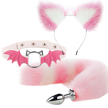 Animal Cosplay Costume Furry Fox Tail Plug Cute Ears Headband Bat Style Neck Collar Set