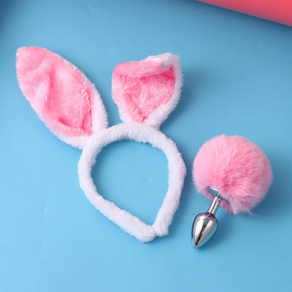 JEATHA Bunny Rabbit Plush Ears Hair Hoop Nose Cover and Rabbit Fur Tail Ball Anal Plug Cosplay Costume Props