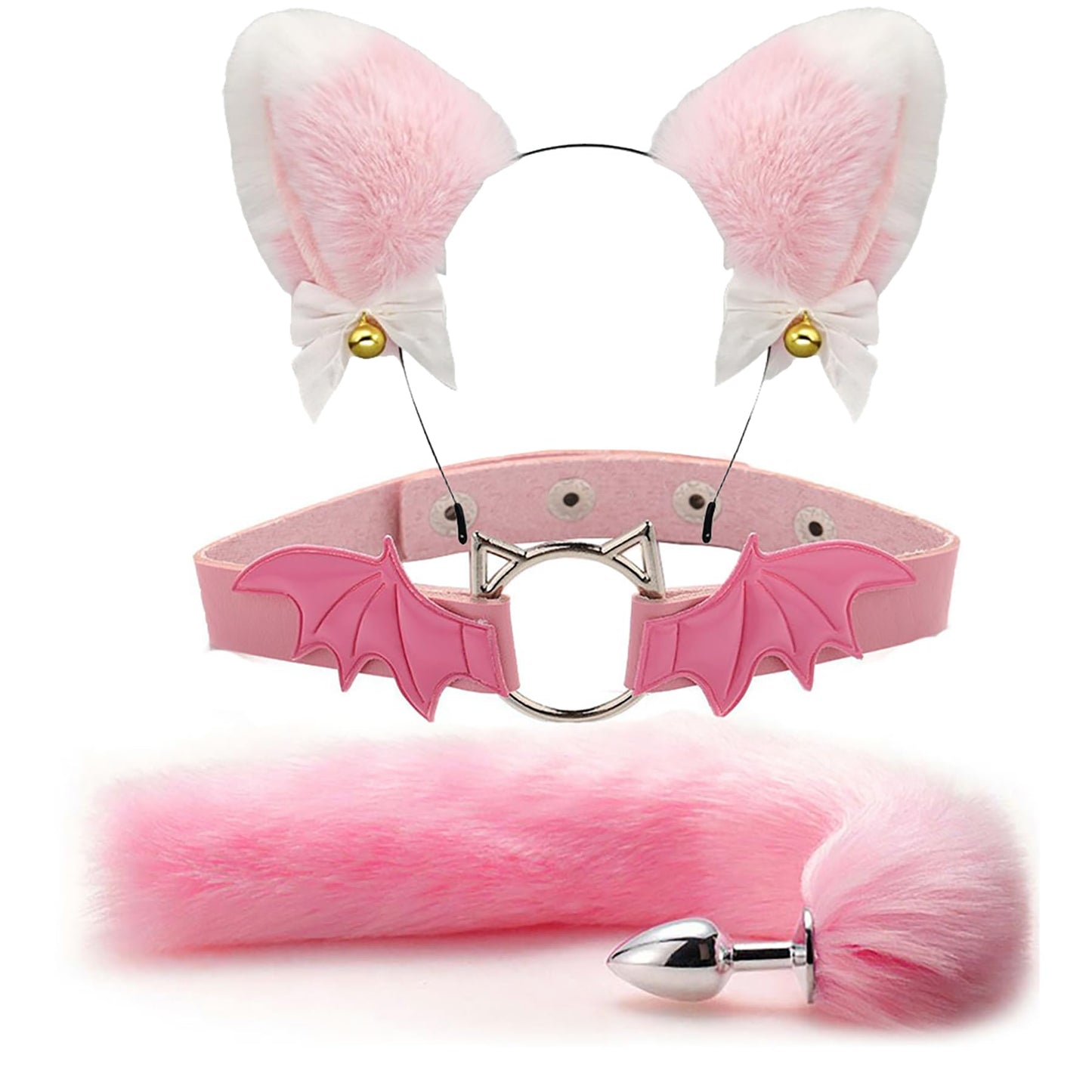 Animal Cosplay Costume Furry Fox Tail Plug Cute Ears Headband Bat Style Neck Collar Set