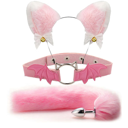 Animal Cosplay Costume Furry Fox Tail Plug Cute Ears Headband Bat Style Neck Collar Set