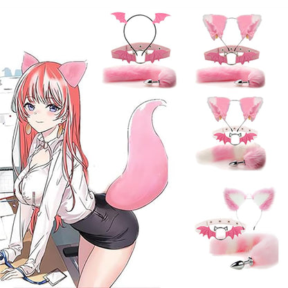 Animal Cosplay Costume Furry Fox Tail Plug Cute Ears Headband Bat Style Neck Collar Set