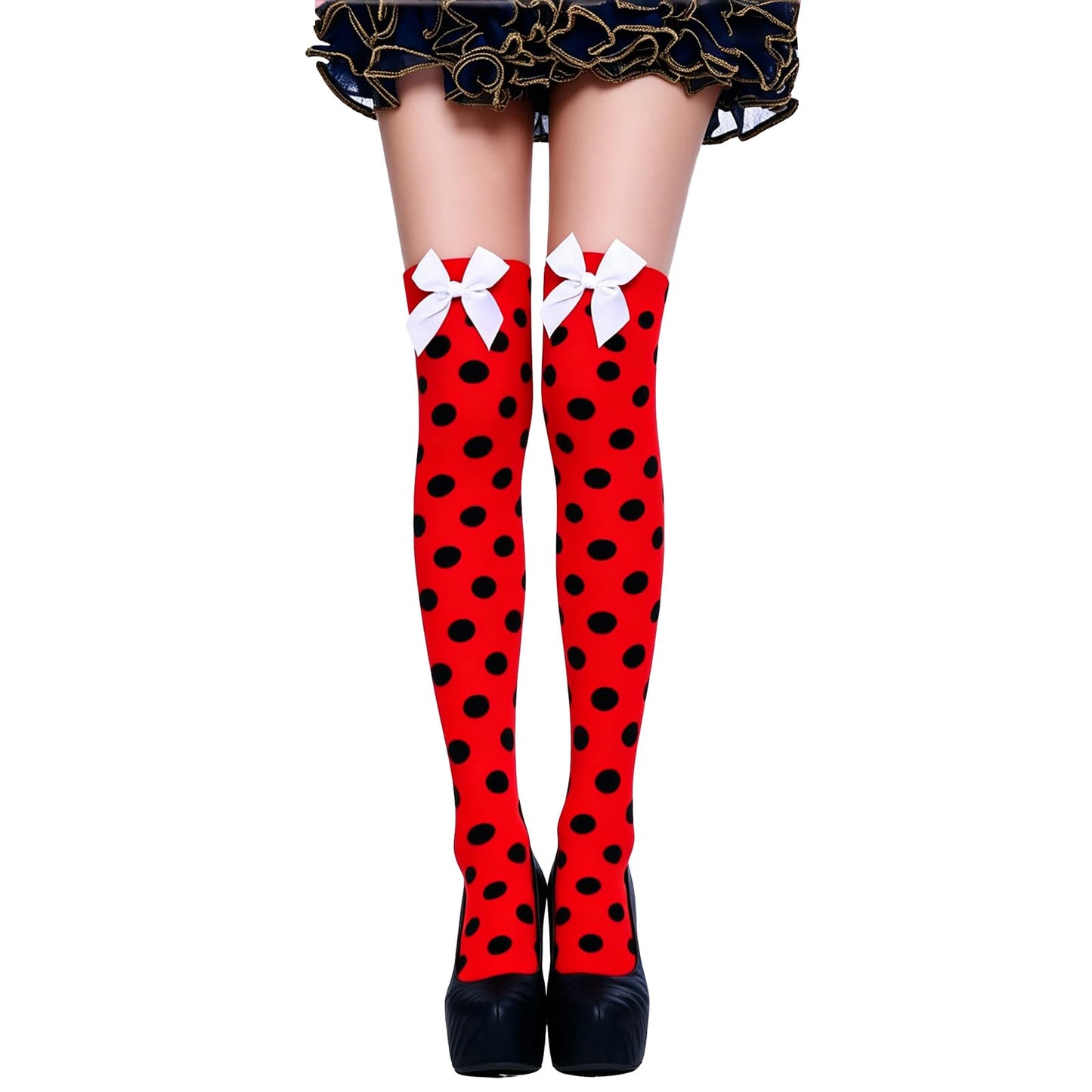 Muineobuka Knee High Scoks with Bow Cute Polka Dot Thigh High Stockings Y2K Lagybug Costume Lolita Accessories