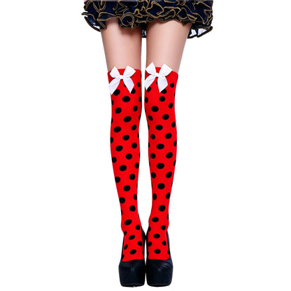 Muineobuka Knee High Scoks with Bow Cute Polka Dot Thigh High Stockings Y2K Lagybug Costume Lolita Accessories