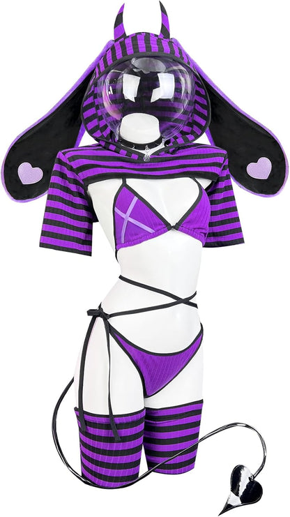 Demon Bunny Cosplay Lingerie Striped Bodysuit | Bunny Lingerie, Exotic Costumes, Demon Bunny, Jail Costume, Striped Costume, Halloween Costume, Festival Outfit