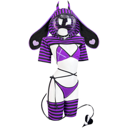 Demon Bunny Cosplay Lingerie Striped Bodysuit | Bunny Lingerie, Exotic Costumes, Demon Bunny, Jail Costume, Striped Costume, Halloween Costume, Festival Outfit