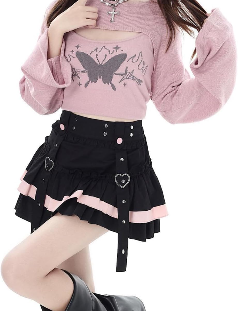 Casual Fashion High Waist A-line Mini Skirt Y2K Cute Suspenders Decoration Splicing Pleated Skirt