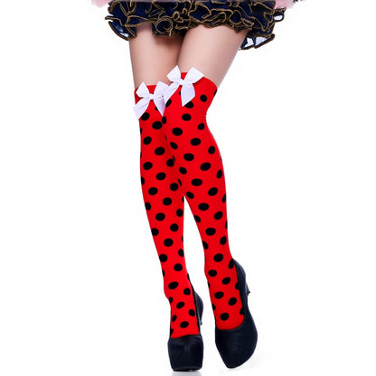 Muineobuka Knee High Scoks with Bow Cute Polka Dot Thigh High Stockings Y2K Lagybug Costume Lolita Accessories
