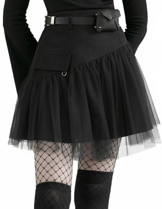 PUNK RAVE DAILY Gothic Skirts Goth Mini Plaid Skirt with Tulle Punk Dunk High Waist A-Line Party Skirt