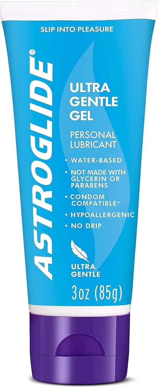 ASTROGLIDE Ultra Gentle Gel Lube, Hypoallergenic, 3 Fl Oz, Travel Size | Water-based ultra gentle hypoallergenic gel without glycerin or parabens. Thicker formula safe for toys and latex condoms.