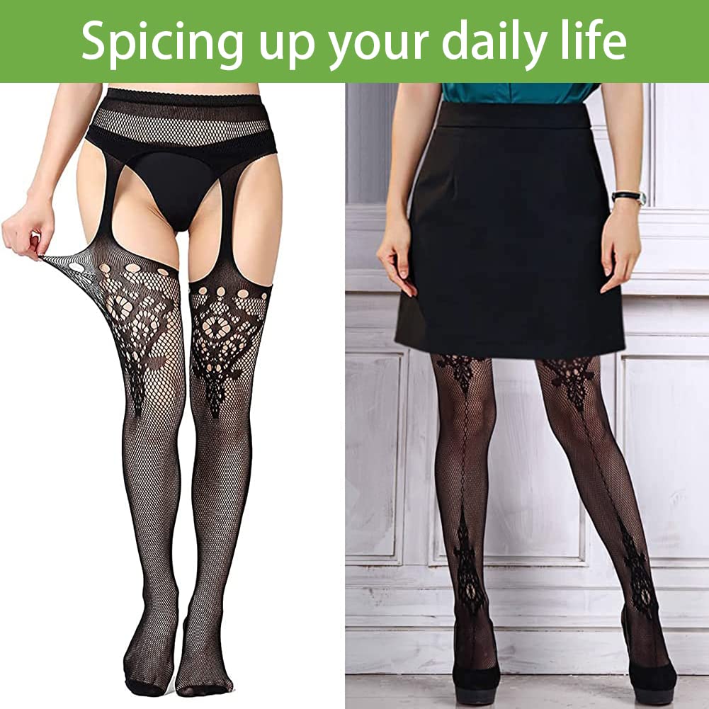 High Waist Fishnet Tights Suspenders Pantyhose Thigh High Stockings Black