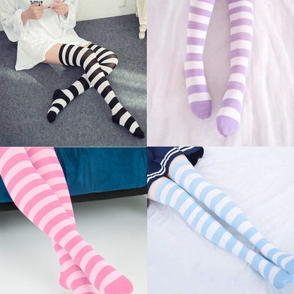 DRESHOW 6 Pairs High Thigh Socks Striped Over Knee Thin Tights Long Stocking Leg Warmer