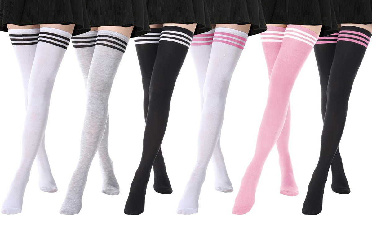 DRESHOW 6 Pairs High Thigh Socks Striped Over Knee Thin Tights Long Stocking Leg Warmer