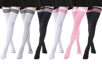 DRESHOW 6 Pairs High Thigh Socks Striped Over Knee Thin Tights Long Stocking Leg Warmer